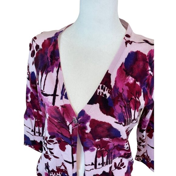Cardigan Pink Purple Floral Single Button V-Neck Liz Claiborne Sweater - Picture 3 of 11